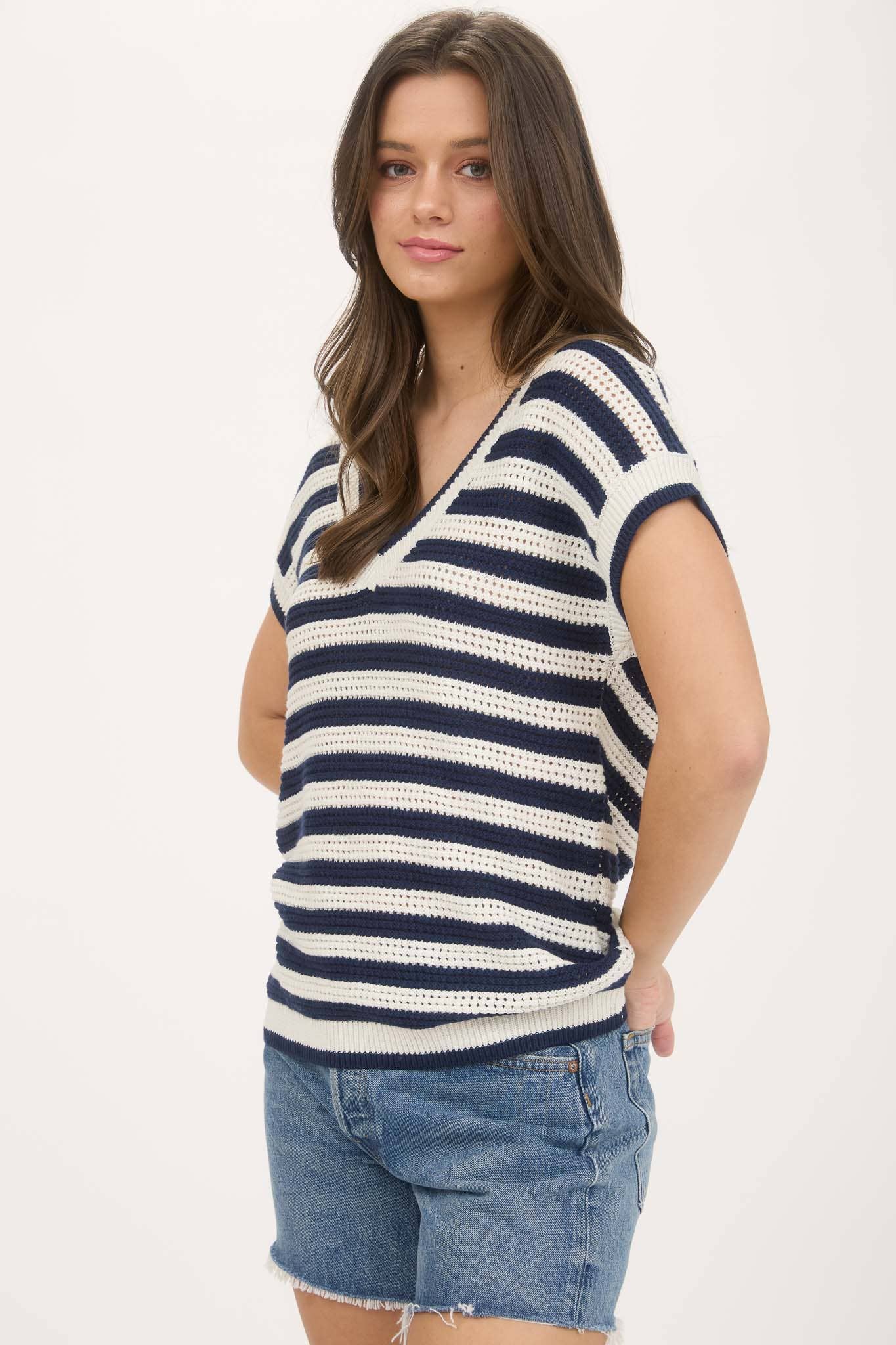 Stripe V-Neck Crochet Knit Sweater