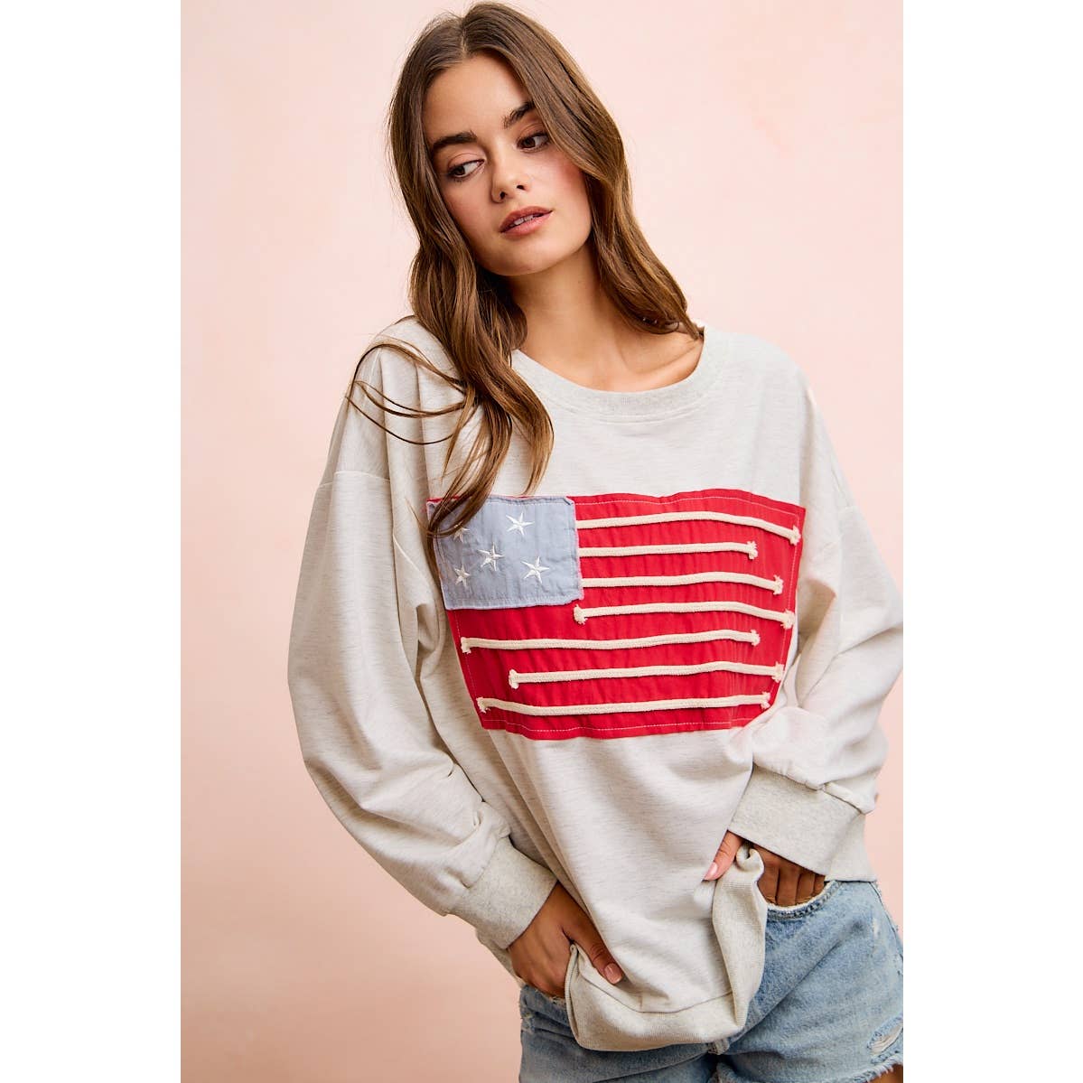 American Flag Patch Long Sleeve Top