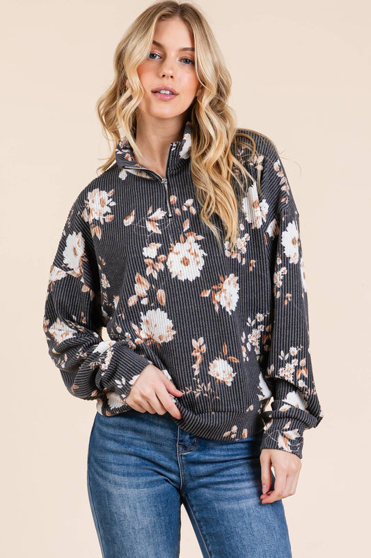 Floral 1/4 Zip Ribbed Top – Black & Floral