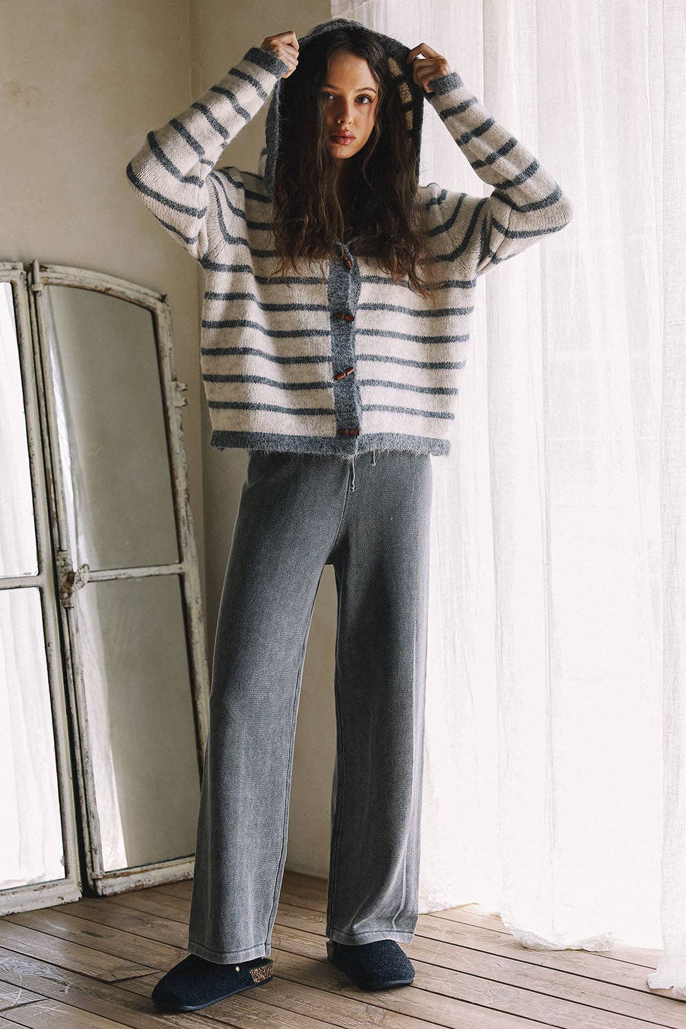 Cozy Stripe Hooded Toggle Cardigan