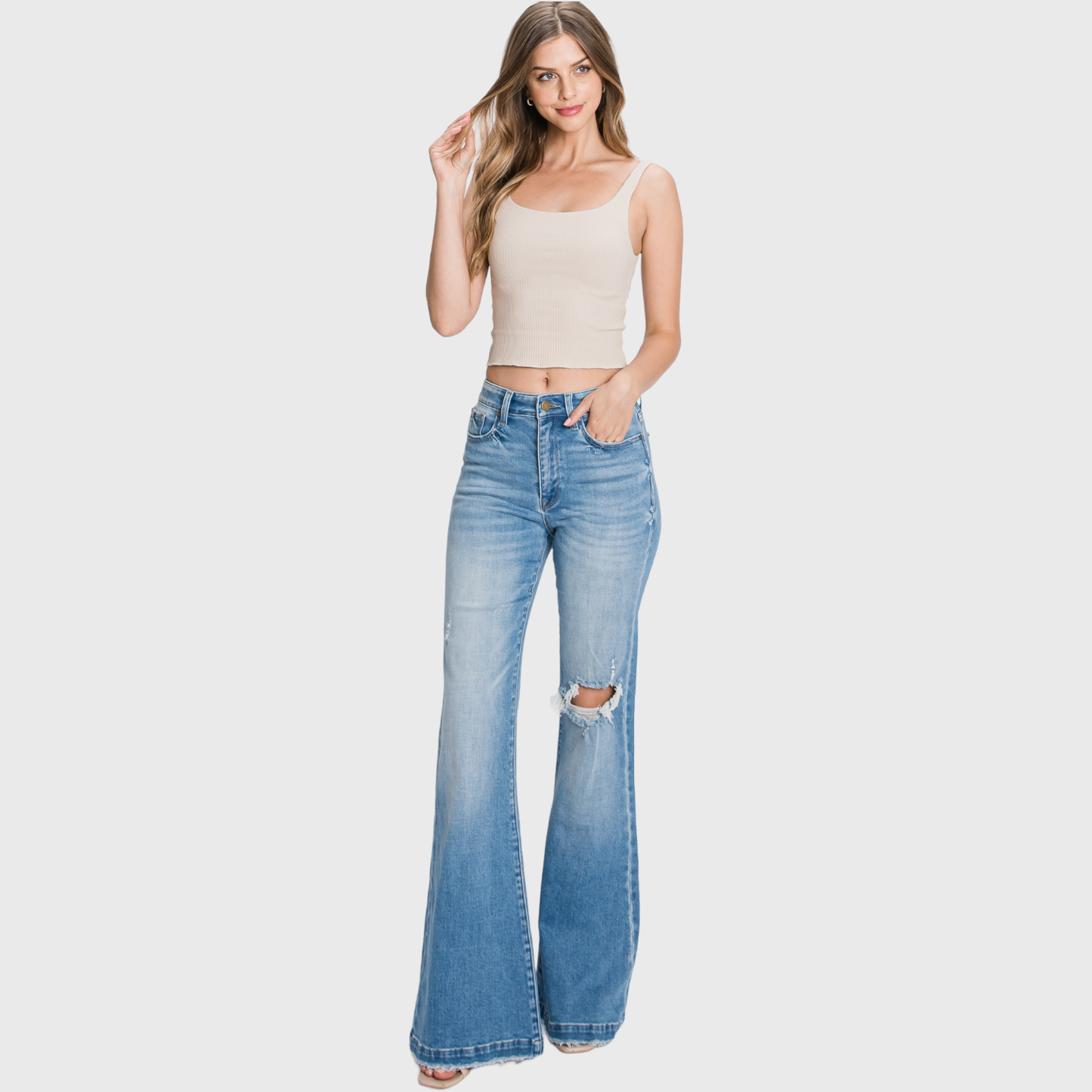 Long Distressed Super High Rise Flare Jean