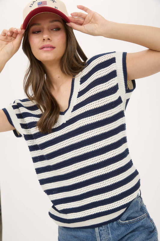 Stripe V-Neck Crochet Knit Sweater
