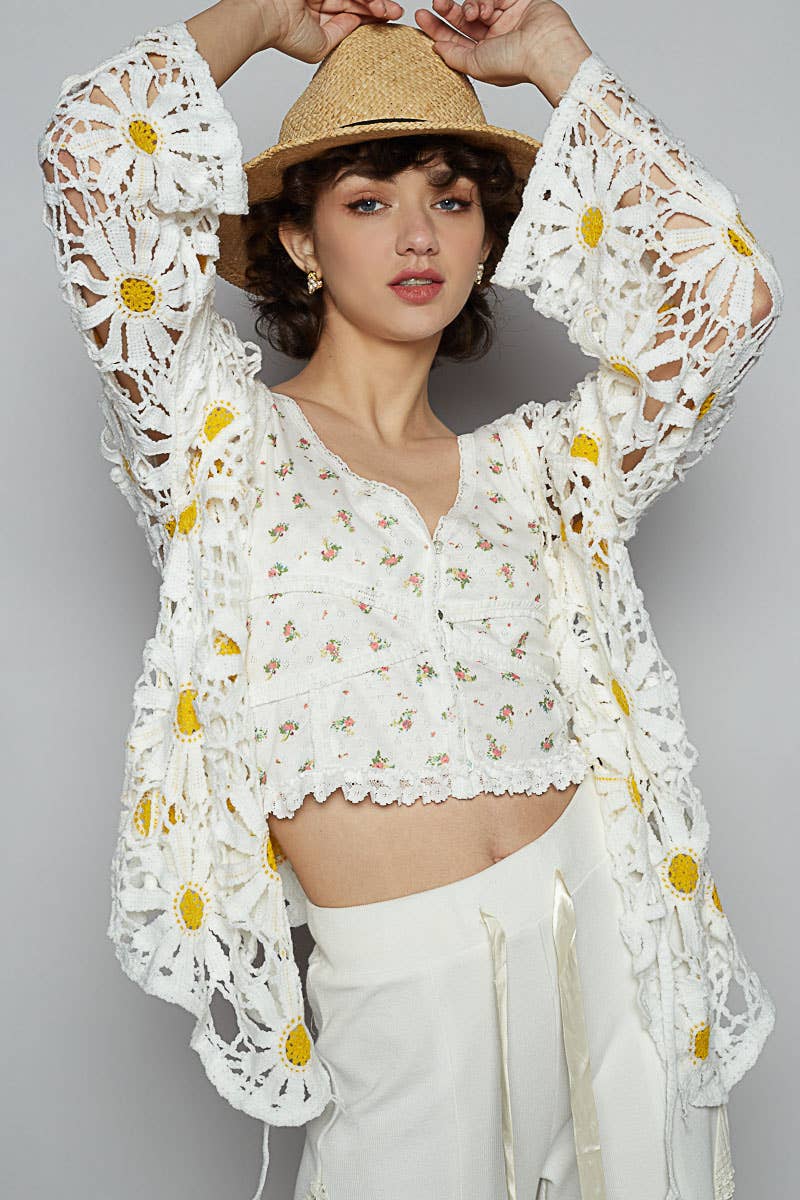 Daisy Crochet V-Neck Tie-Front Cardigan