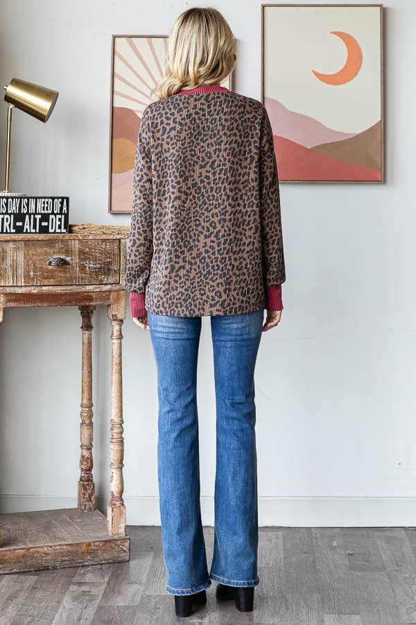 Rib Animal Print Drop Shoulder V-Seam Top