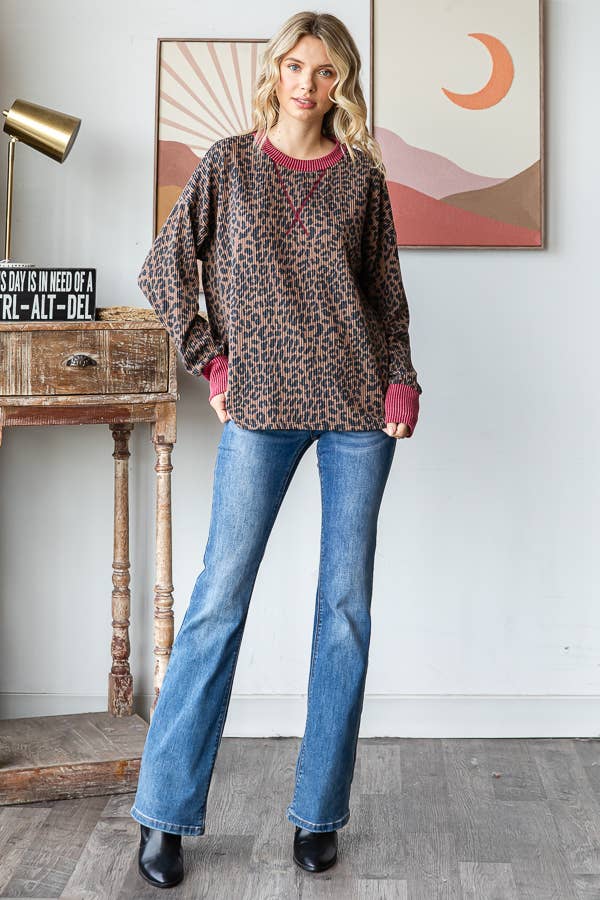 Rib Animal Print Drop Shoulder V-Seam Top