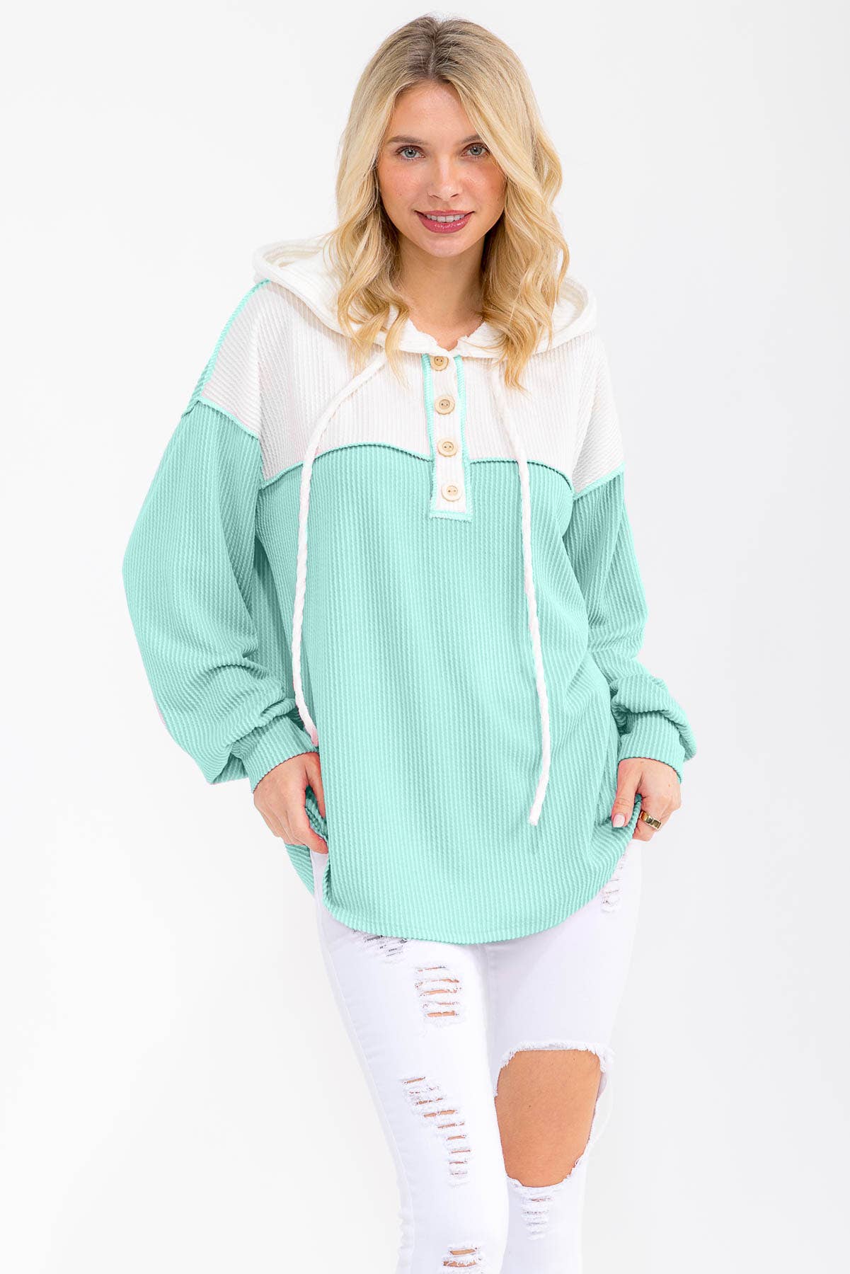 Two Tone Rib Knit Hooded Henley Top – Mint & White
