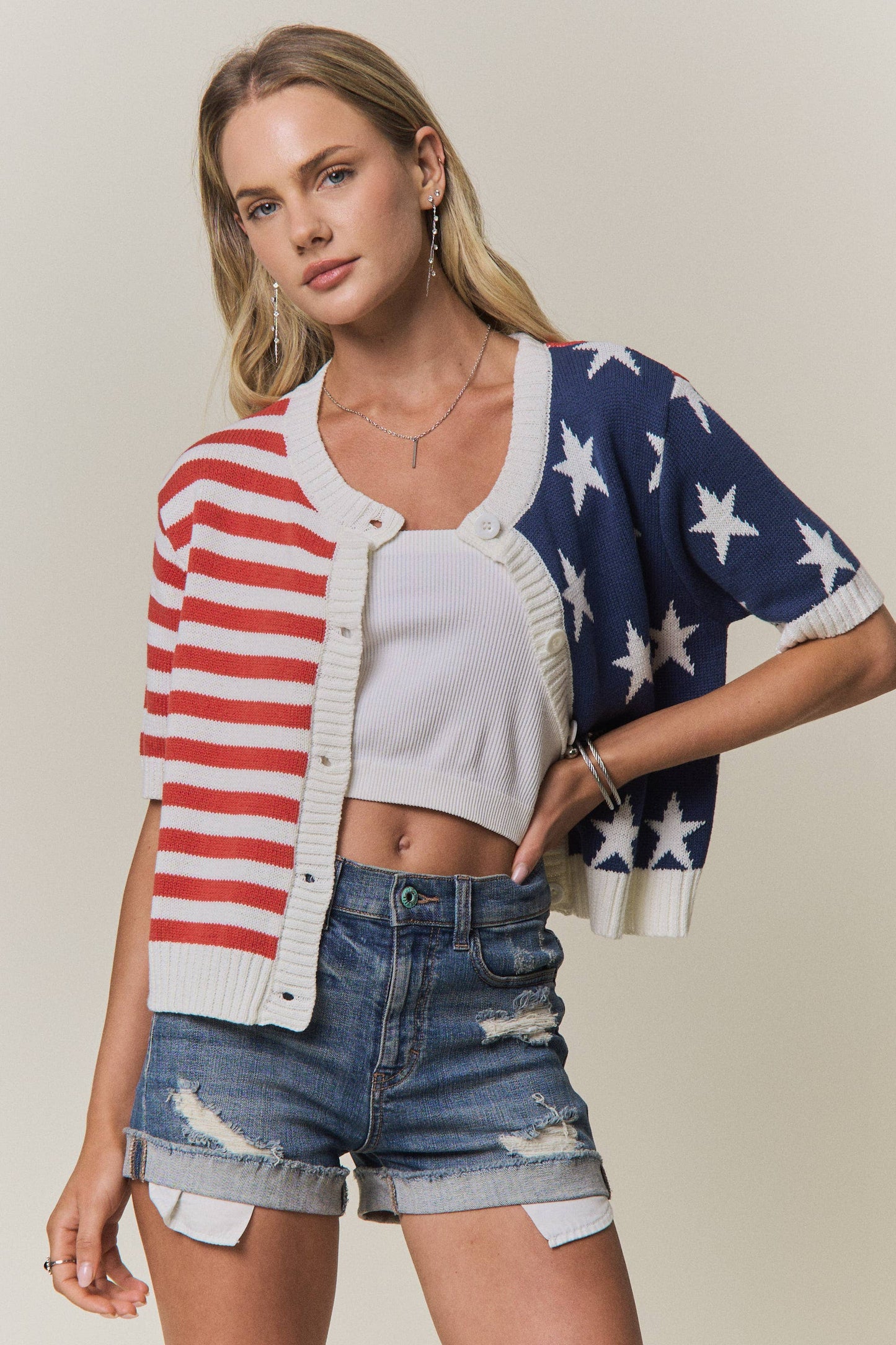 American Flag Button Front Knit Sweater Top