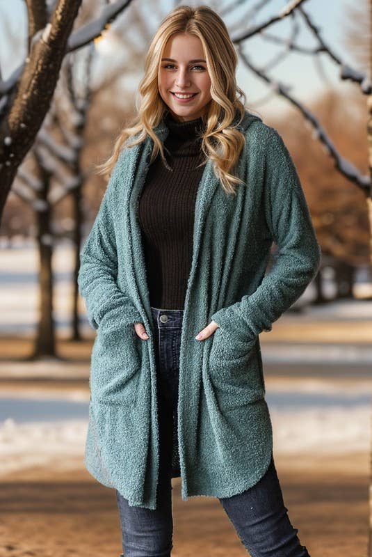 LONG SLEEVE SOLID COZY KNIT HOODIE CARDIGAN