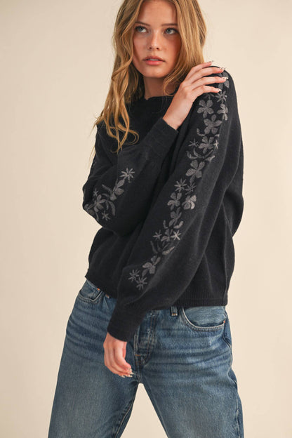 Pullover Sweater with Floral Embroidered Sleeves