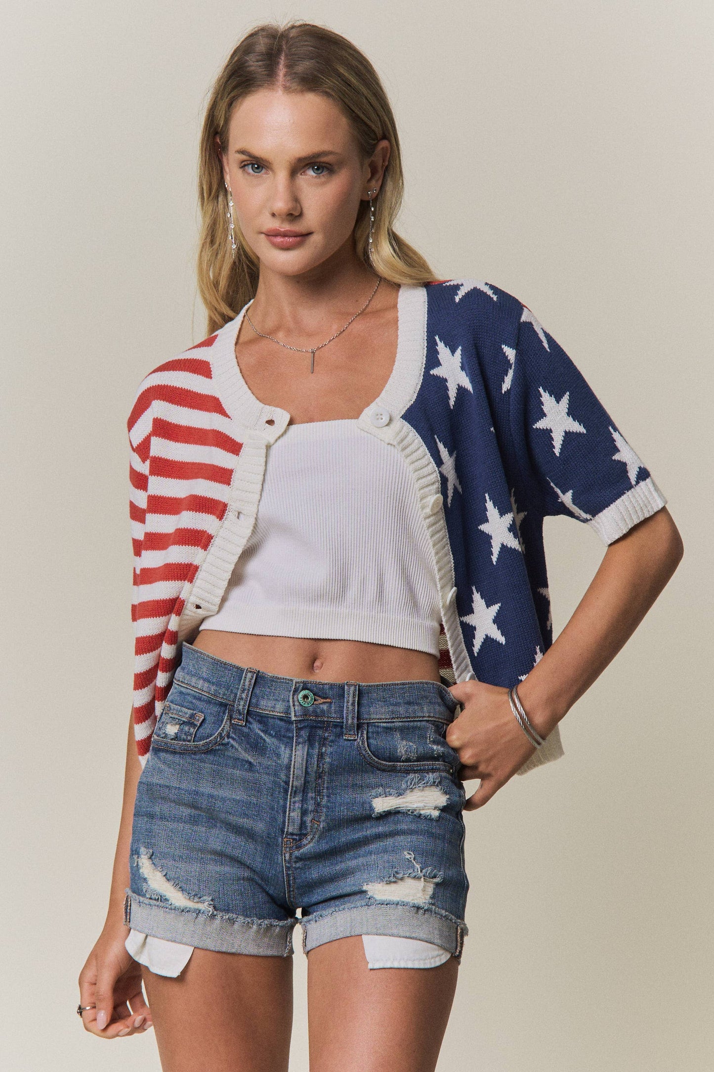 American Flag Button Front Knit Sweater Top