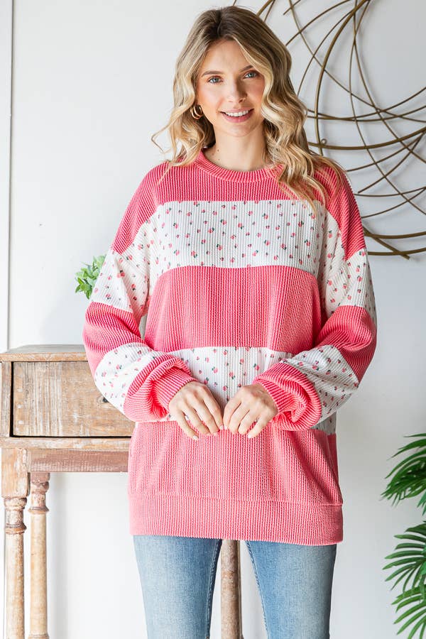 Floral Rib Drop Shoulder Pullover – Coral & Cream
