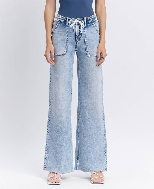 HIGH RISE DRAWSTRING WAISTBAND WIDE LEG JEANS