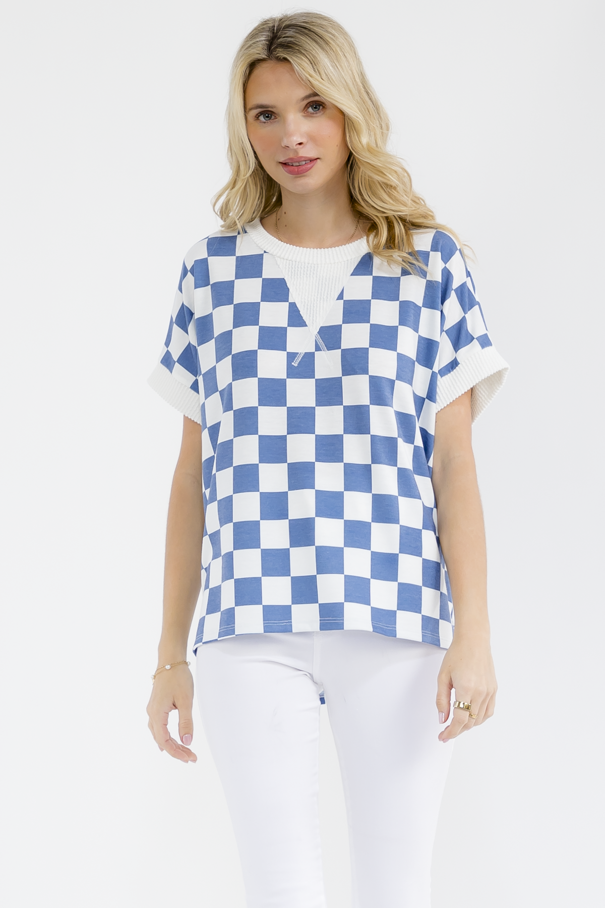 Checkerboard Split V-Neck Casual Top