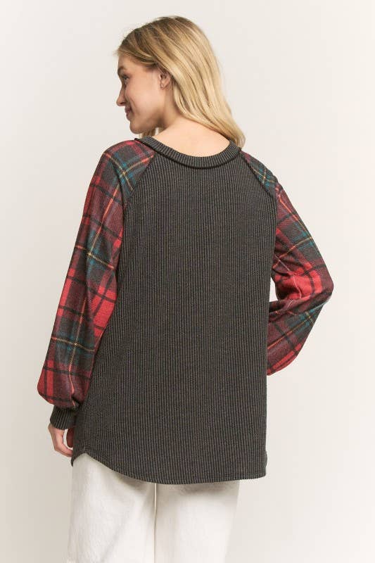 Grey Urban Ribbed Top with Red Plaid Contrast Sleeve 🩶❤️