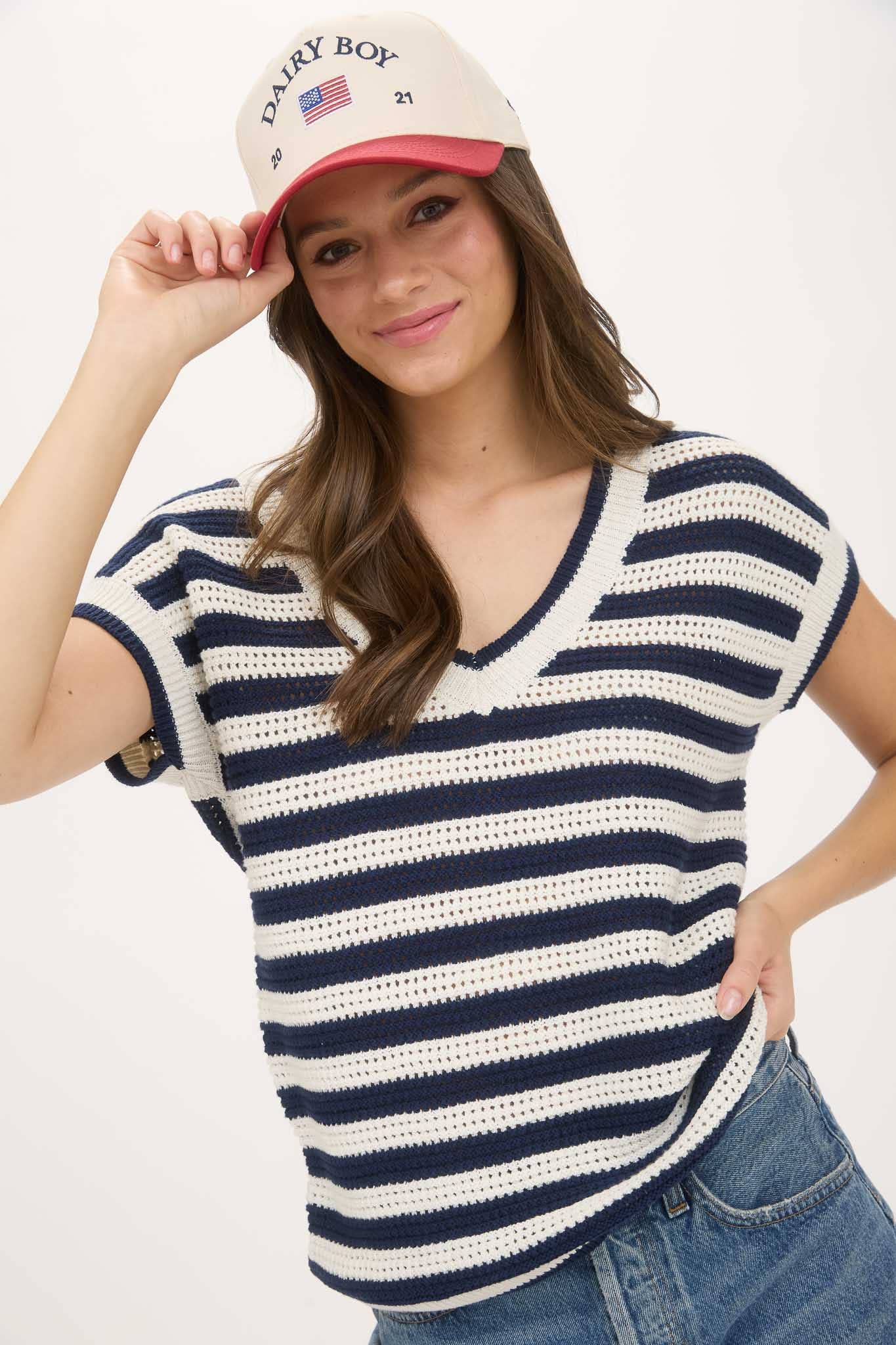 Stripe V-Neck Crochet Knit Sweater