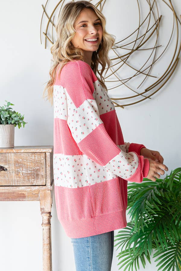 Floral Rib Drop Shoulder Pullover – Coral & Cream