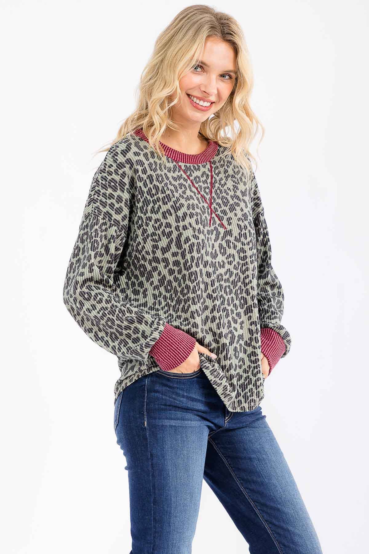 Rib Animal Print Drop Shoulder V-Seam Top