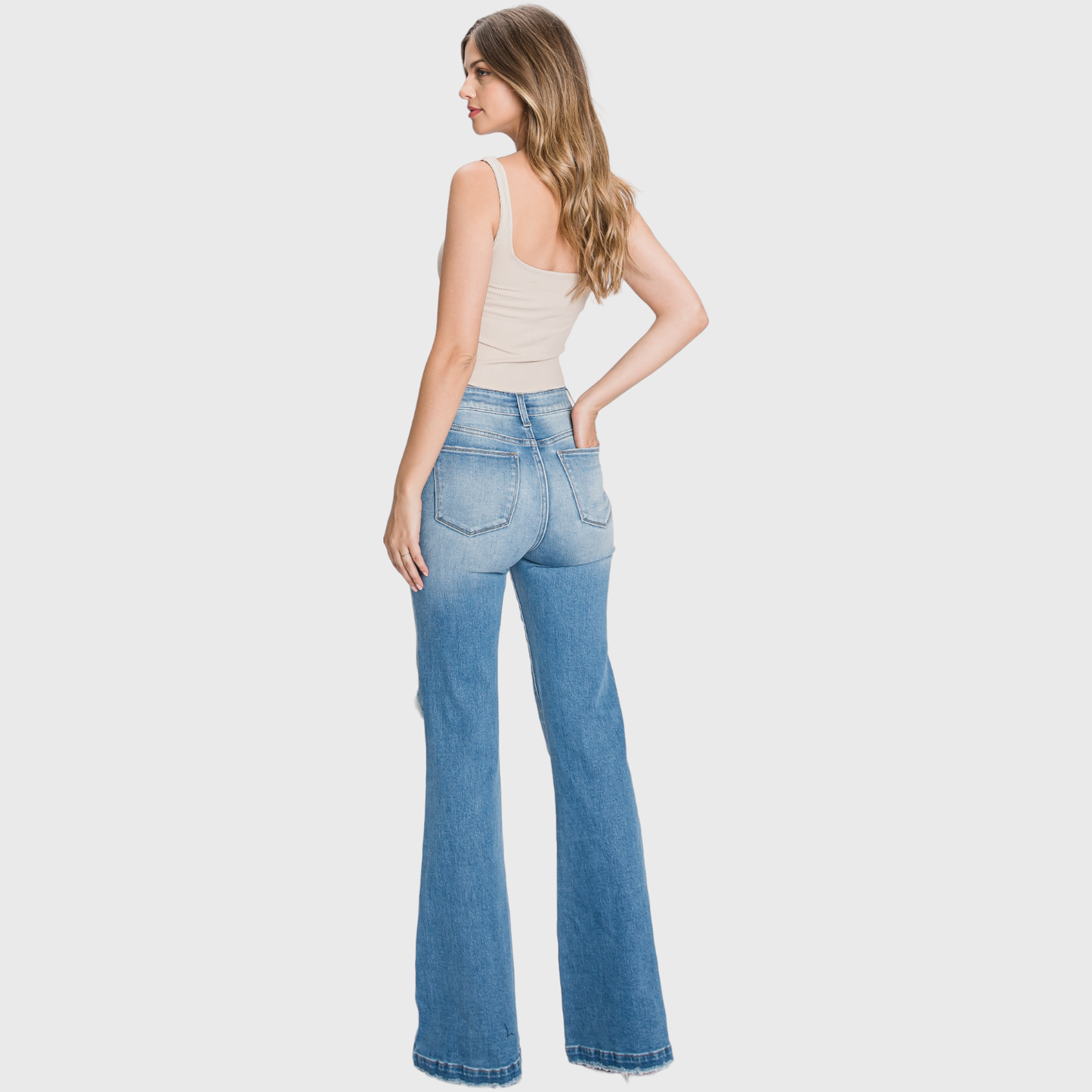 Long Distressed Super High Rise Flare Jean