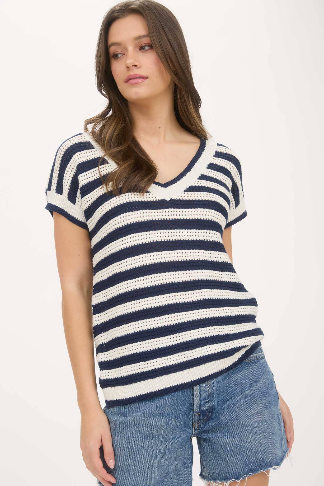 Stripe V-Neck Crochet Knit Sweater