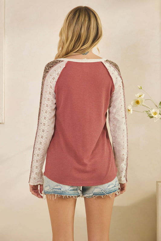 Thermal Knit Top with Eyelet & Leopard Sleeve Detail