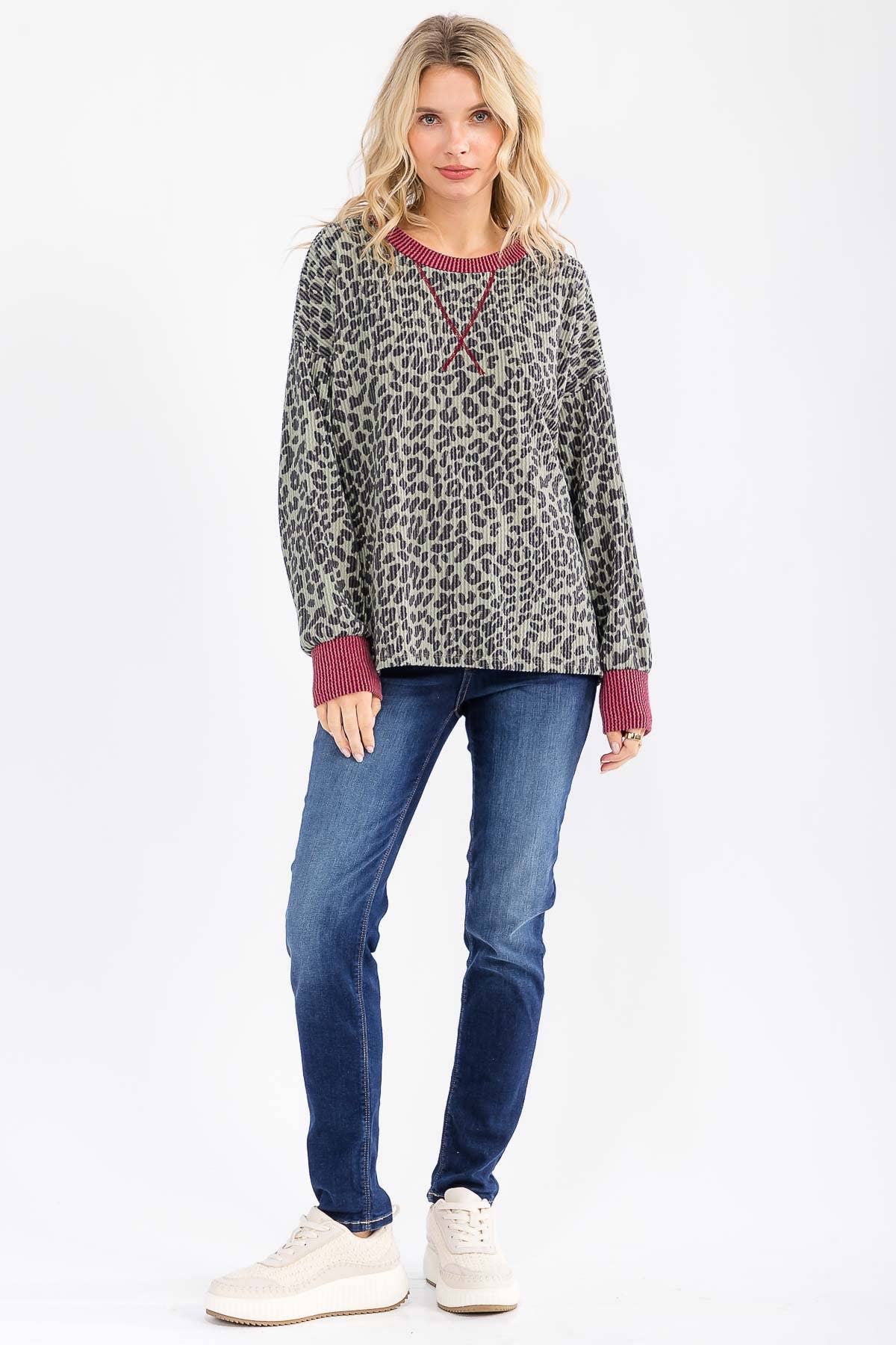 Rib Animal Print Drop Shoulder V-Seam Top