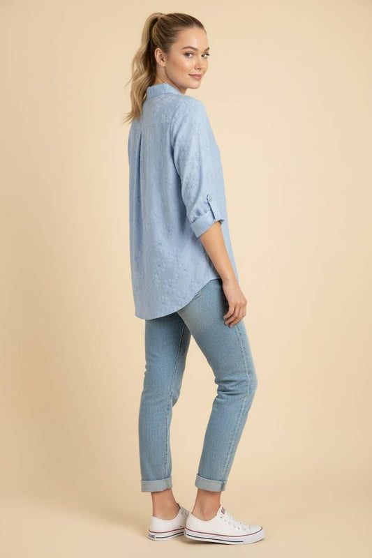 Textured V-Neck Roll-Tab Sleeve Top – Light Blue