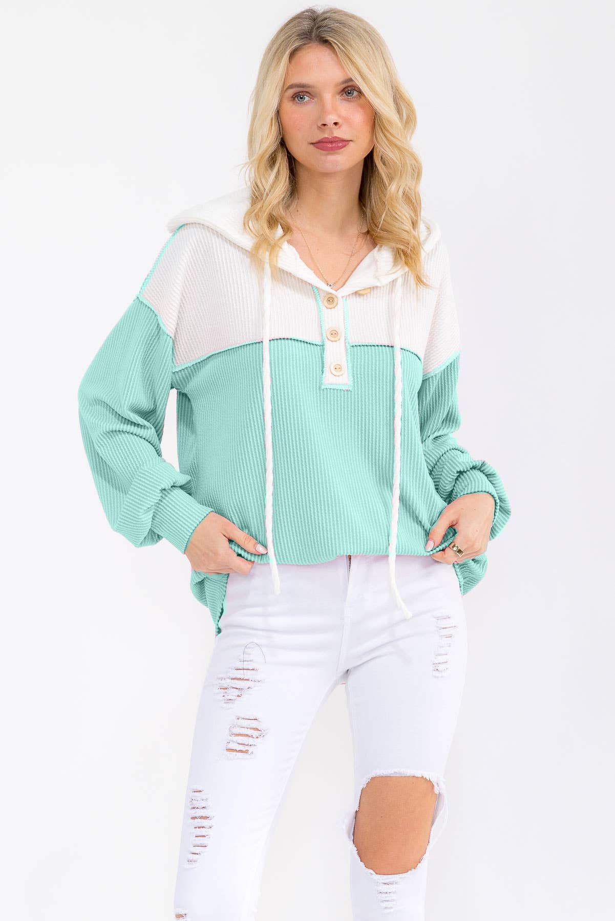 Two Tone Rib Knit Hooded Henley Top – Mint & White