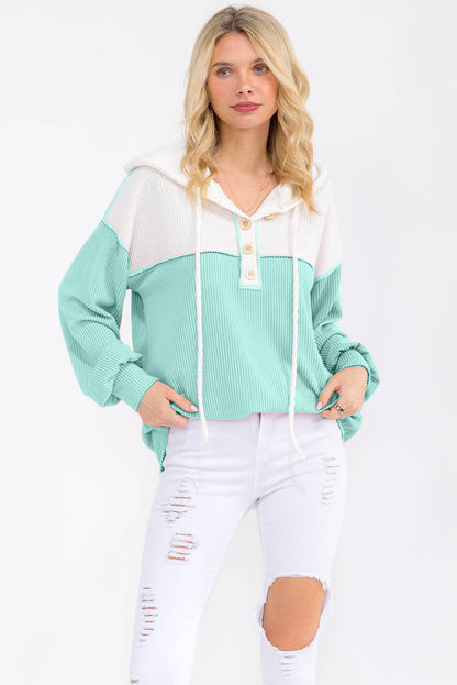 Two Tone Rib Knit Hooded Henley Top – Mint & White