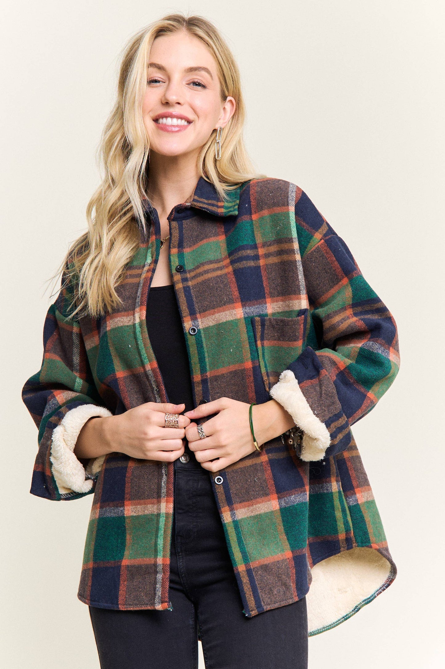 Plaid Sherpa-Lined Button Down Shacket